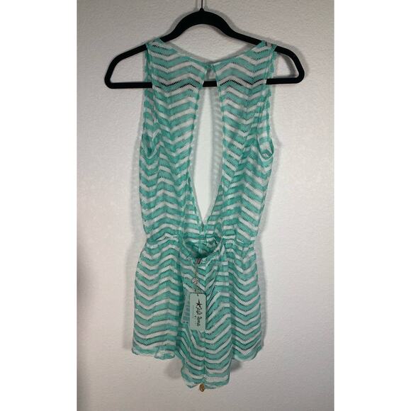Luli Fama Aqua and White Chevron Deep V Open Back Romper - M - Picture 5 of 6